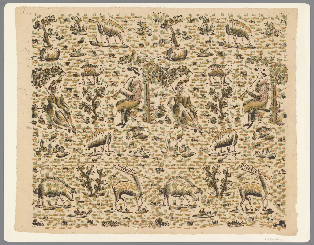 Blad met fluitspelende herder en zittende herderin omgeven door dieren by anonymous, print, 1780