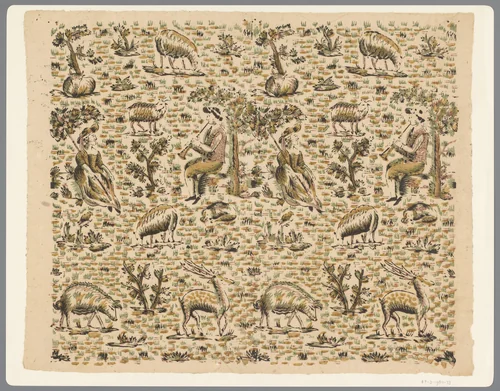 Blad met fluitspelende herder en zittende herderin omgeven door dieren by anonymous, print, 1780