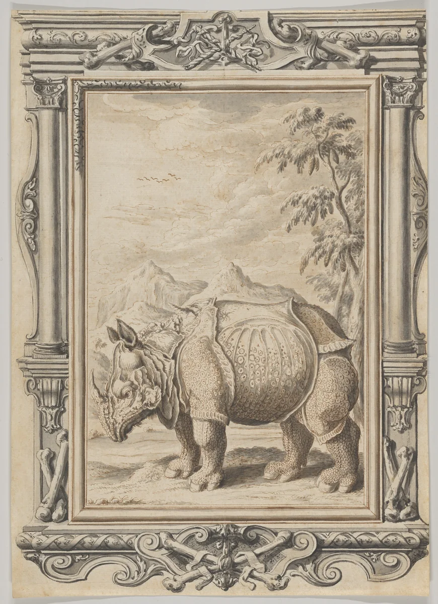 Rhinoceros in a Landscape within an Ornamental Frame by Johann Melchior Füssli, drawing, 1730