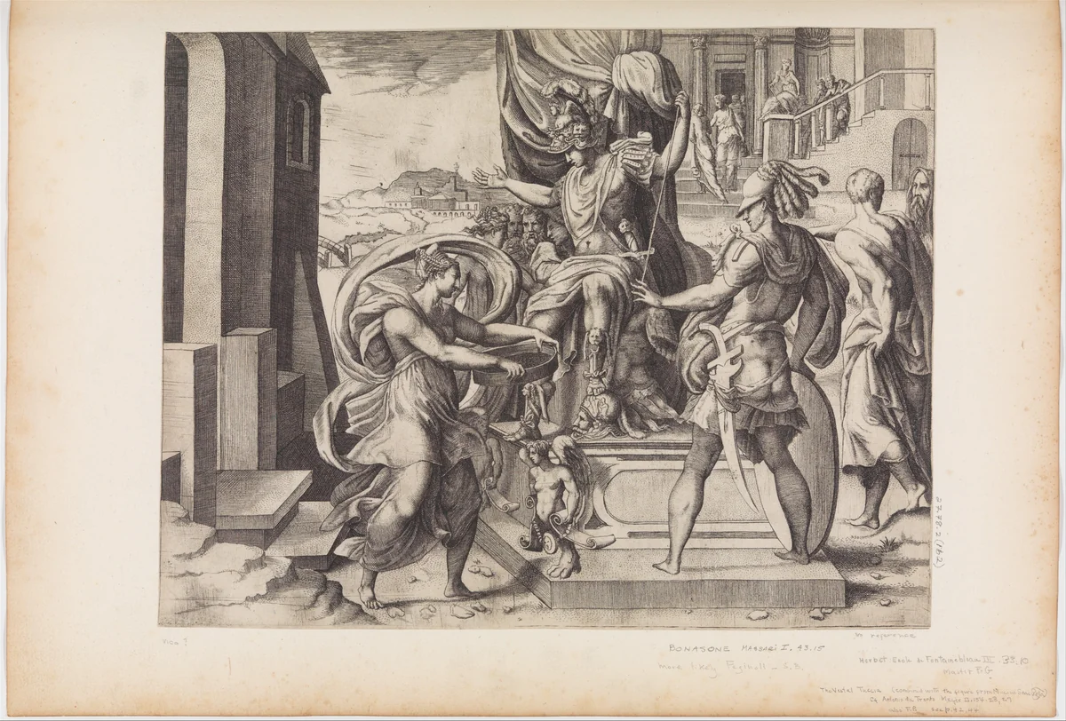 Alexander Enthroned by Giulio Bonasone, print, 1500-1565