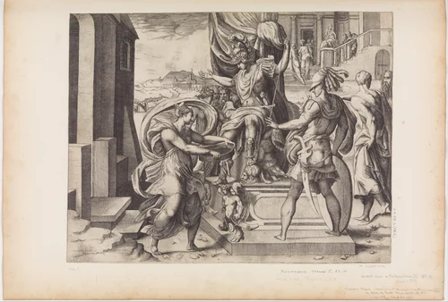 Alexander Enthroned by Giulio Bonasone, print, 1500-1565