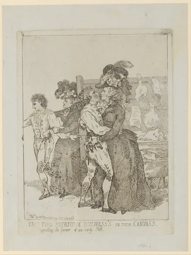 The Two Patriotic Duchesses on Their Canvass by Thomas Rowlandson, print, 1784