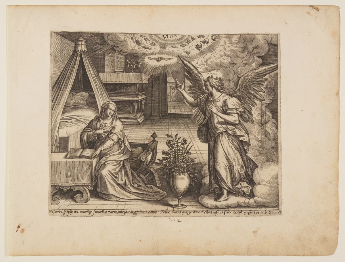 The Annunciation by Julius Goltzius, print, 1570-1590