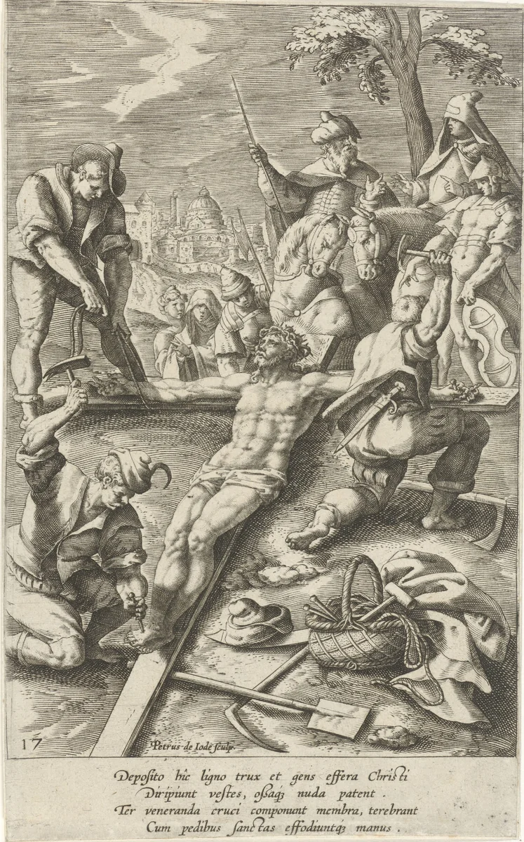 Christus wordt aan het kruis genageld by Unknown, print, 1590-1632