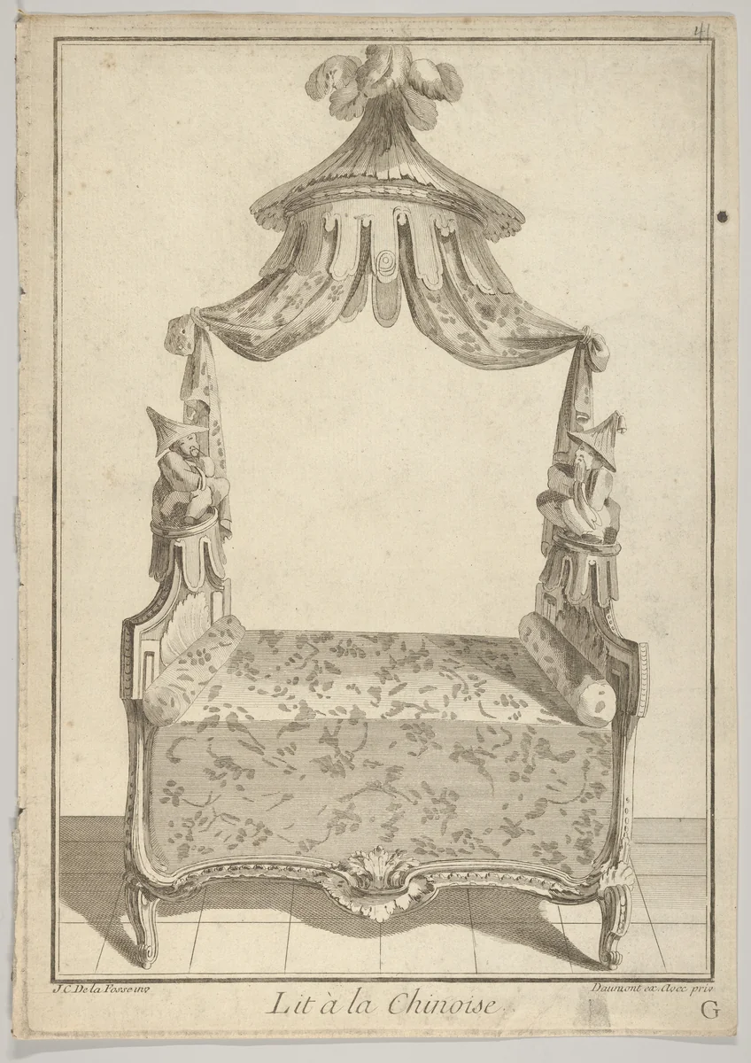 Lit à la Chinoise (Chinese Bed), from Nouvelle iconologie historique (part III, series marked 'G') by Jean Charles Delafosse, print, 1771