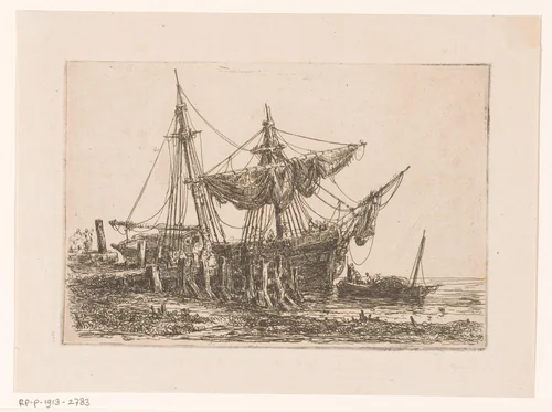 Steiger met half onttakeld schip en een sloep by Henri François Schaefels, print, 1864