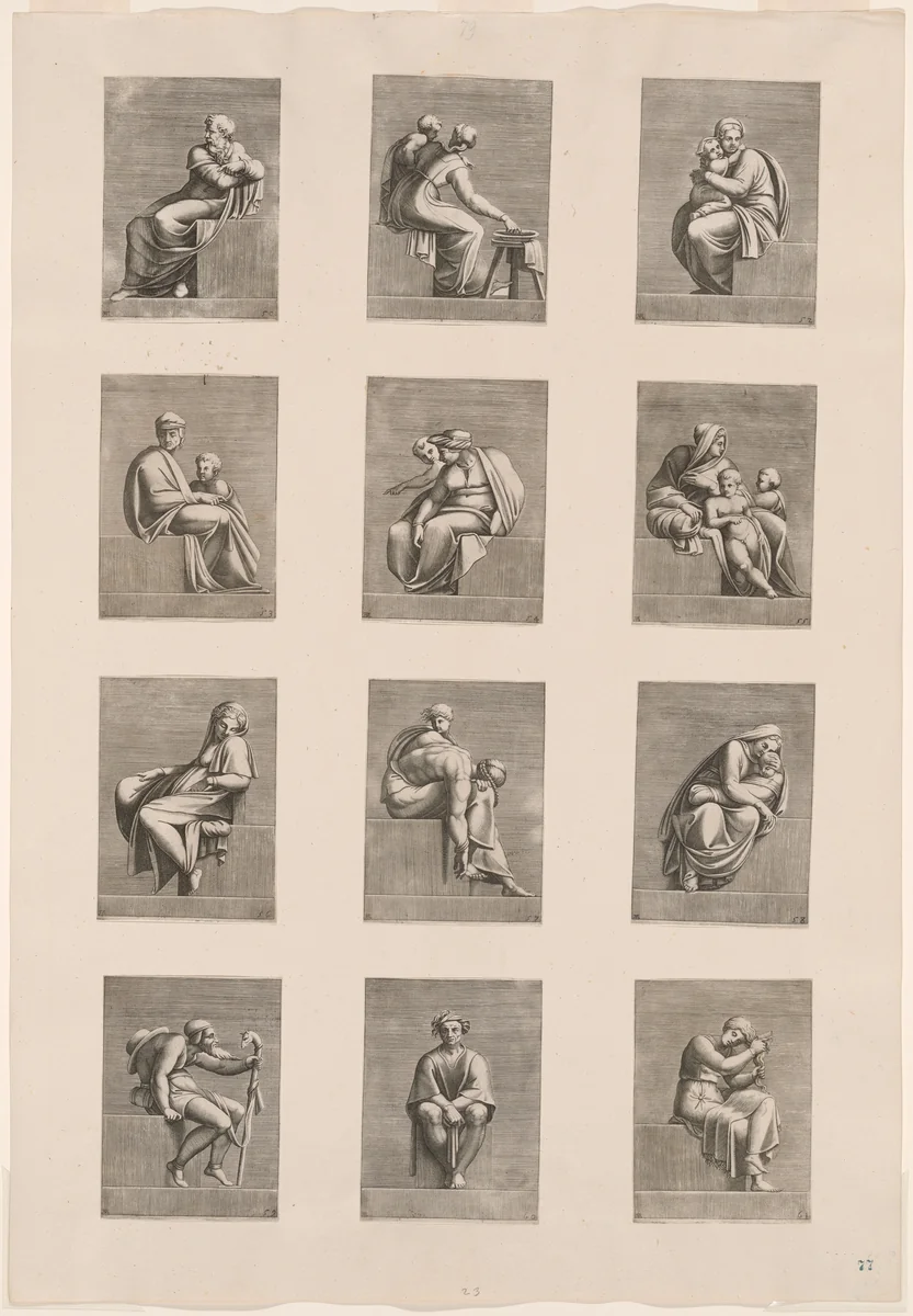 Figures from the Ceiling of the Sistine Chapel by Adamo Scultori, print, 1550-1565