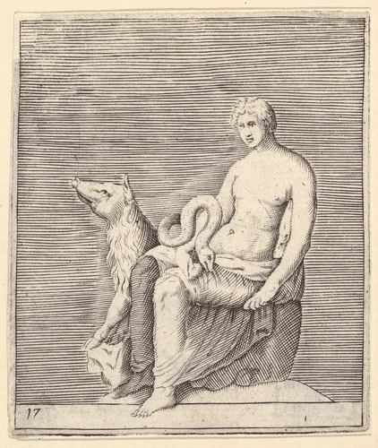 Figure with Pig and Serpent, from "Ex Antiquis Cameorum et Gemmae Delineata/ Liber Secundus/et ab Enea Vico Parmen Incis" by anonymous, print, 1599-1622