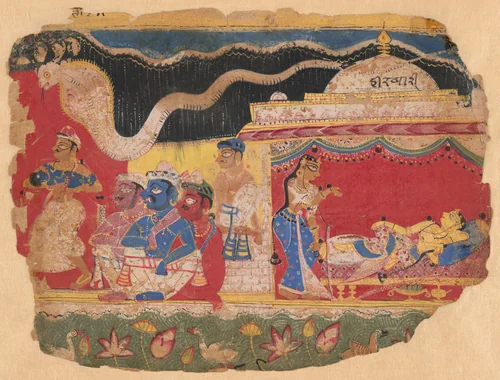 The Infant Krishna Spirited Away by Vasudev, from a copy of the Dispersed Bhagavat Purana by India Delhi-Agra region, possibly Mathura, painting, 1520-1555