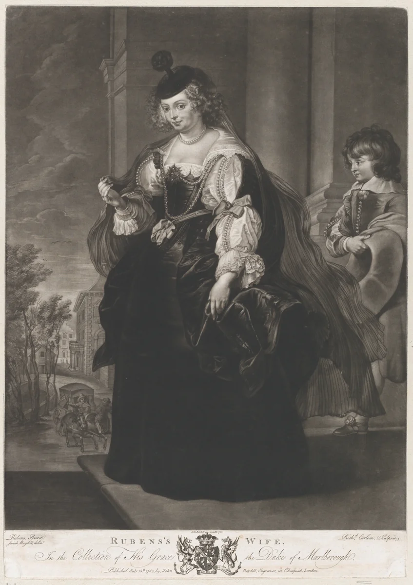 Portrait of Helena Fourment, with a young page behind her by Richard Earlom, print, 1782