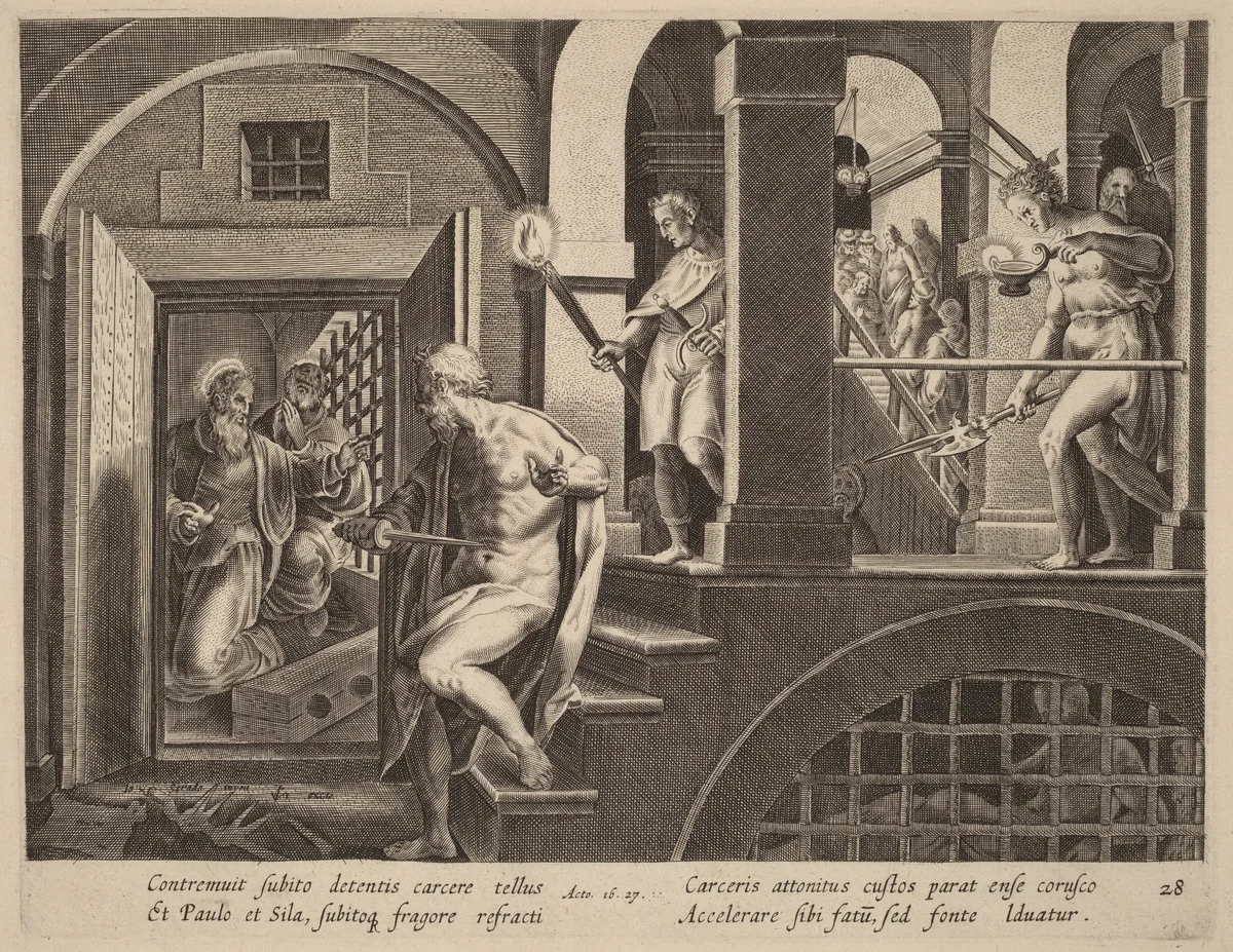 The Jailer about to Kill Himself, Converted by Saint Paul by Philip Galle, print, 1537-1612