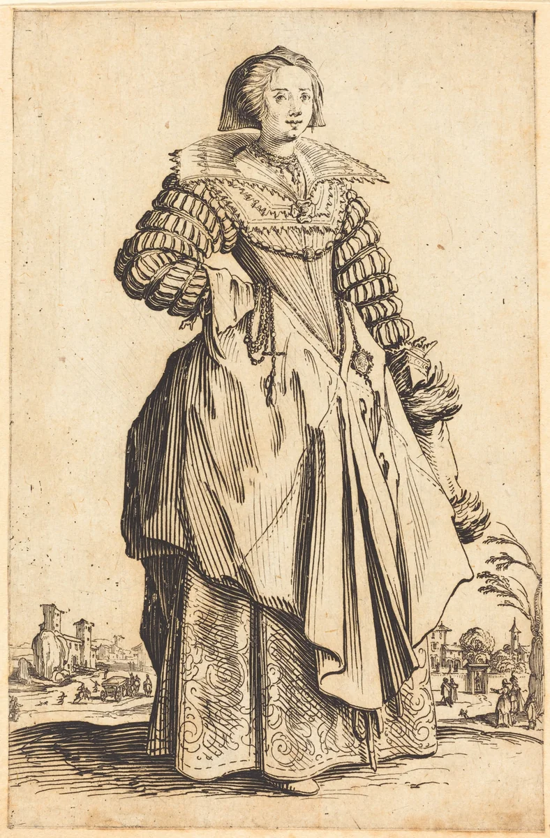 Noble Woman with Large Collar by Jacques Callot, print, 1620-1623