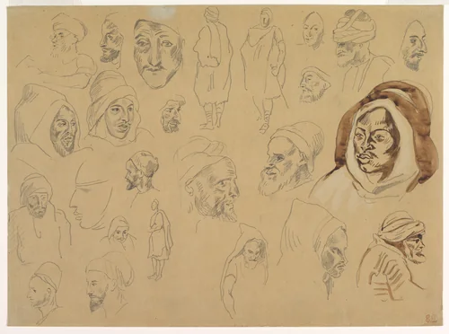 Studies of Arab Heads and Figures by Eugène Delacroix, drawing, 1832-1863