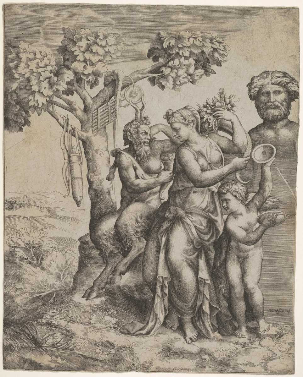 Pan seated near a female figure holding a cornucopia (a nymph or Pomona), at right cupid plays cymbals in front of a herm, at left a pipe, cymbals, bow, and satchel of arrows hang from a tree by Giulio Bonasone, print, 1550-1560