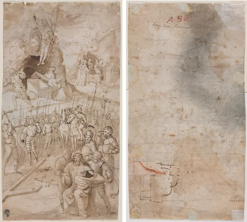 Three Scenes from the Passion of Christ (recto) Architectural Sketch (verso) by Unknown, drawing, 1500-1599