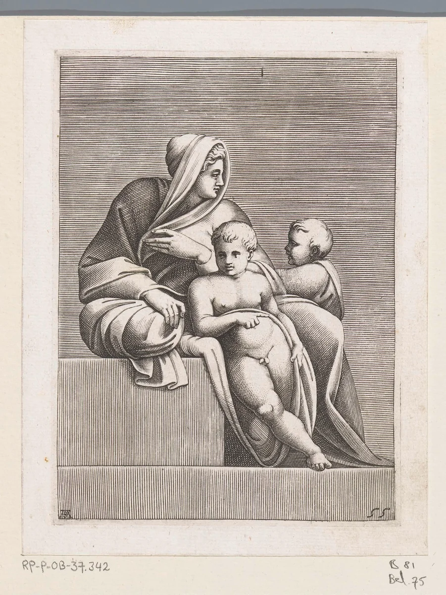 Zittende vrouw met twee kinderen by Unknown, print, 1585