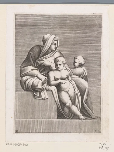 Zittende vrouw met twee kinderen by Unknown, print, 1585