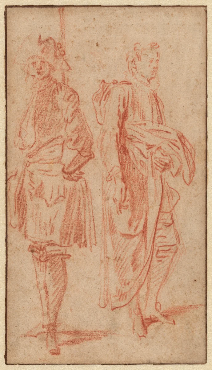 Two Standing Soldiers, One Wearing a Hat by Antoine Watteau, drawing, 1709-1710