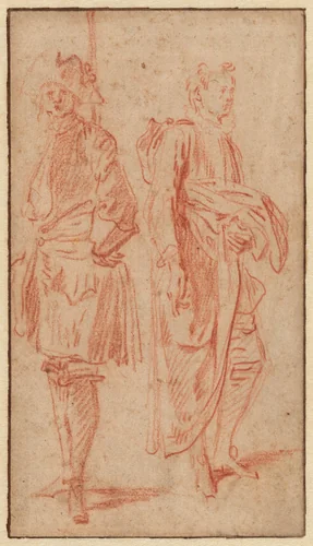 Two Standing Soldiers, One Wearing a Hat by Antoine Watteau, drawing, 1709-1710