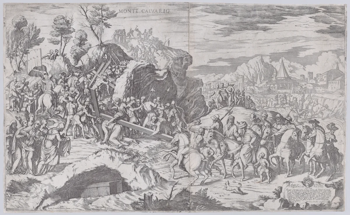 Christ falling on the road to Calvary, from two plates by Giovanni Battista Fontana, print, 1560-1584