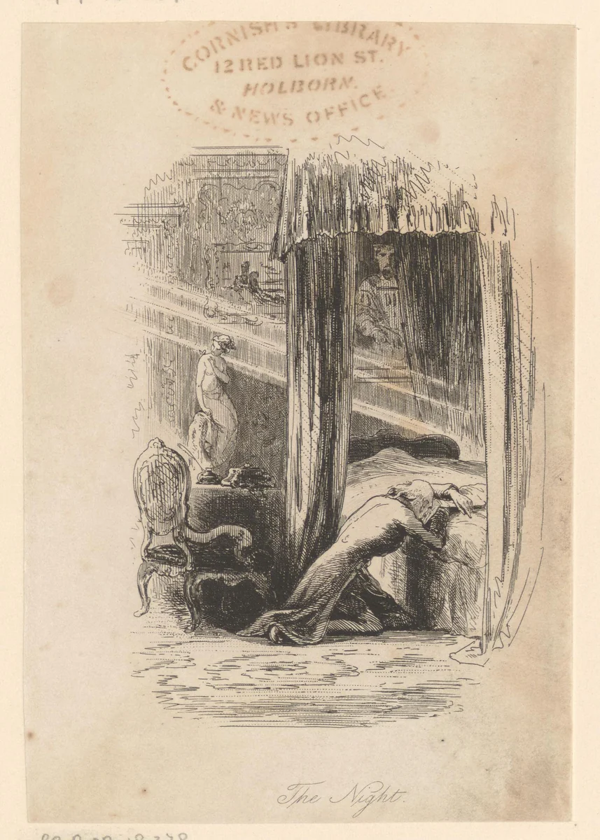 William Dorrit sterft, leunend op een bed by Hablot Knight Browne, print, 1857