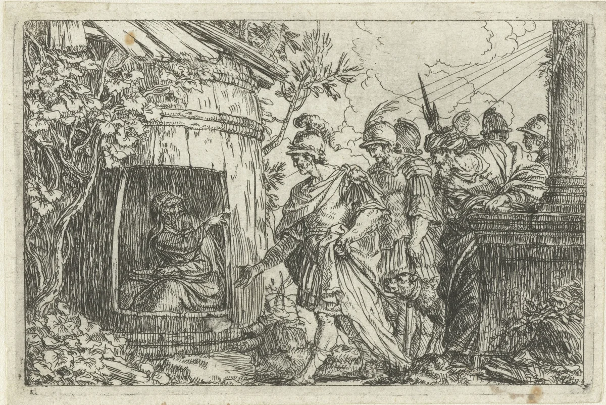 Diogenes vraagt Alexander de Grote uit de zon te gaan by Jonas Umbach, print, 1634-1693
