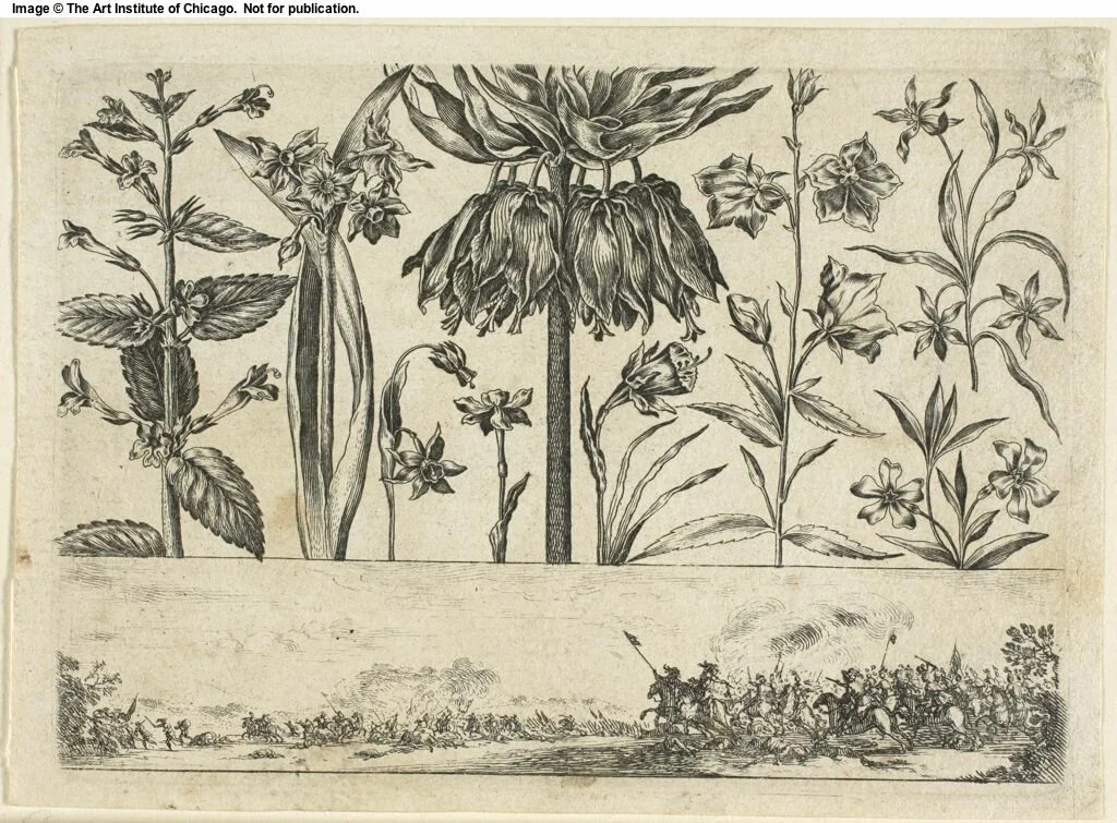 Flowers and Battle Scene, from Livre Nouveau de Fleurs... by Nicolas Cochin, print, 1645