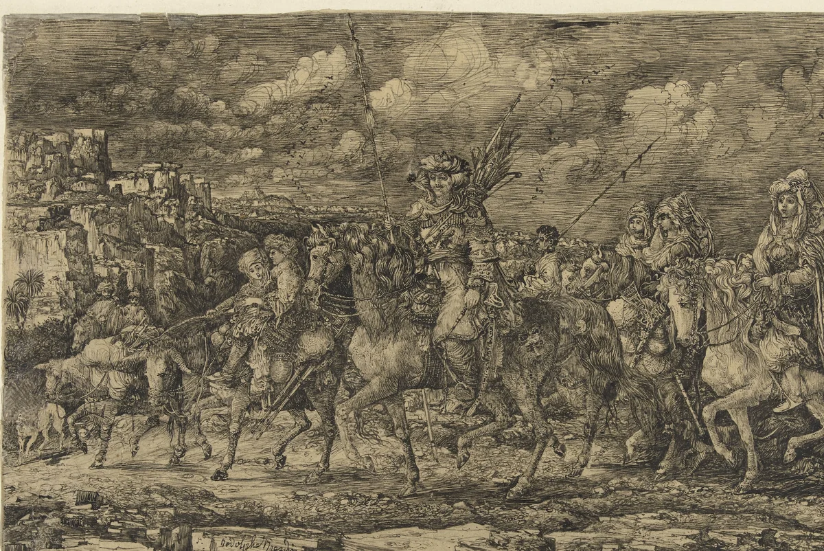 Hunnenkoning met zijn vrouwen omgeven door dienaren en vee, door een landschap rijdend by Rodolphe Bresdin, drawing, 1859