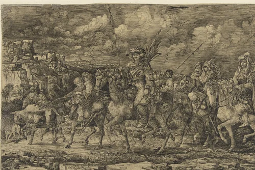 Hunnenkoning met zijn vrouwen omgeven door dienaren en vee, door een landschap rijdend by Rodolphe Bresdin, drawing, 1859