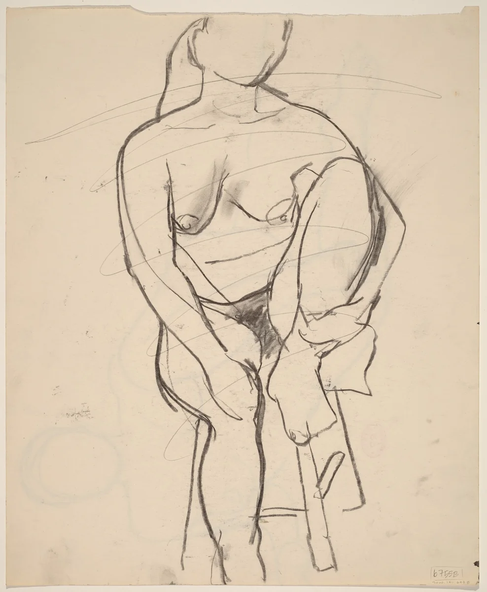 Untitled [seated nude with her left foot retracted onto stool seat] [verso] by Richard Diebenkorn, drawing, 1955-1967
