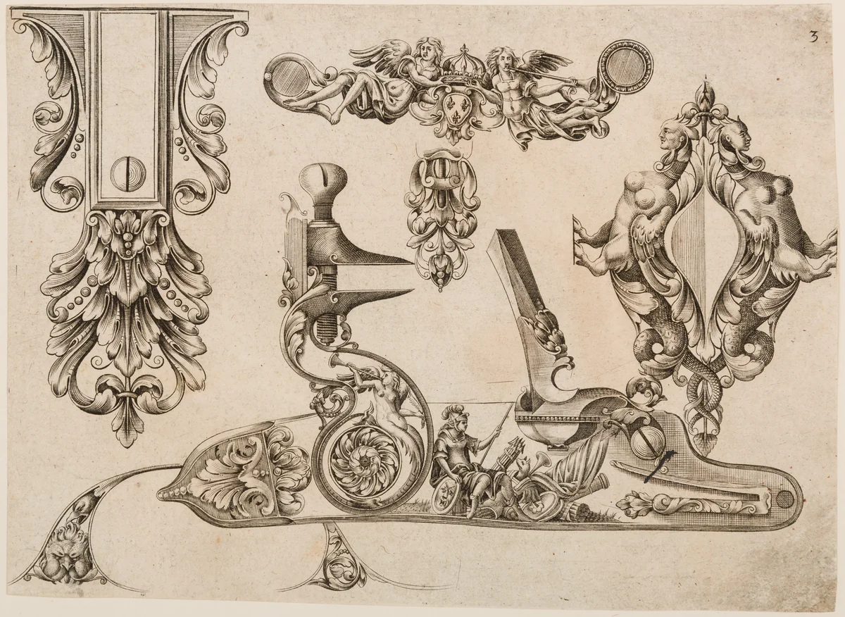 Plate Three from Plusieurs Models des plus nouuelles manieres qui sont en usage en l'Art de Arquebuzerie by C. Jacquinet, print, 1635-1685
