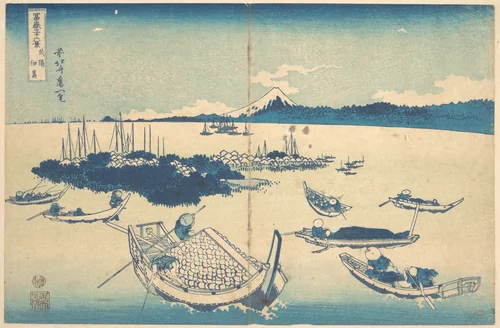 Tsukudajima in Musashi Province (Buyō Tsukudajima), from the series Thirty-six Views of Mount Fuji (Fugaku sanjūrokkei) by Katsushika Hokusai (葛飾 北斎), print, 1820-1842