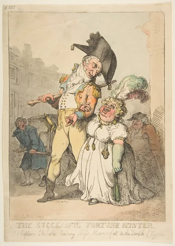 The Successful Fortune Hunter, or Captain Shelalee Leading Miss Marrowfat to the Temple of Hymen by Thomas Rowlandson, print, 1802