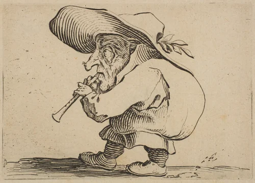 Le Joueur de Flageolet (The Flageolet Player), from "Varie Figure Gobbi, suite appelée aussi Les Bossus, Les Pygmées, Les Nains Grotesques" (Various Hunchbacked Figures, The Hunchbacks, The Pygmes, The Grotesque Dwarfs) by Jacques Callot, print, 1616-1622