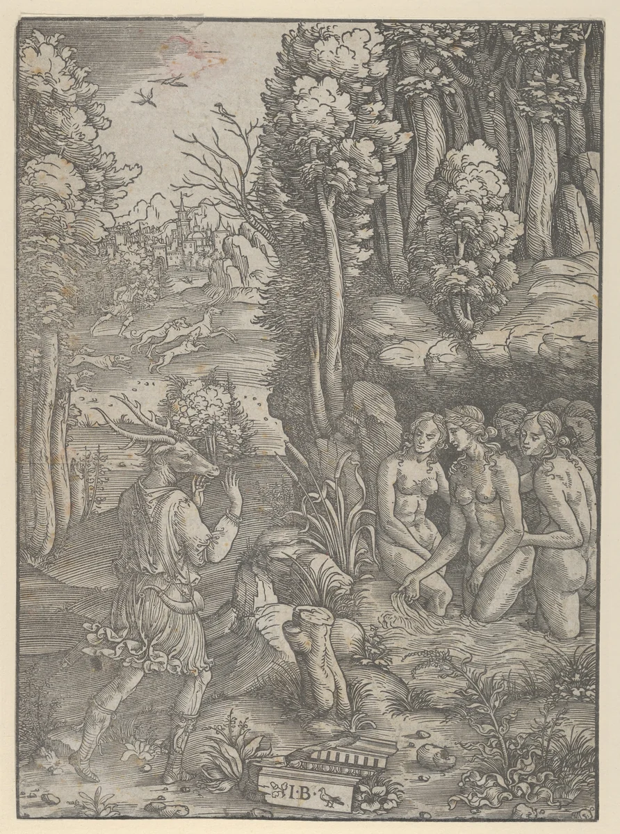 Diana turning Actaeon into a stag by Giovanni Battista Palumba, print, 1500-1510