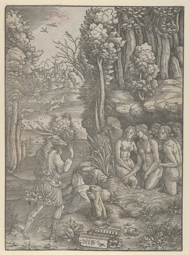 Diana turning Actaeon into a stag by Giovanni Battista Palumba, print, 1500-1510