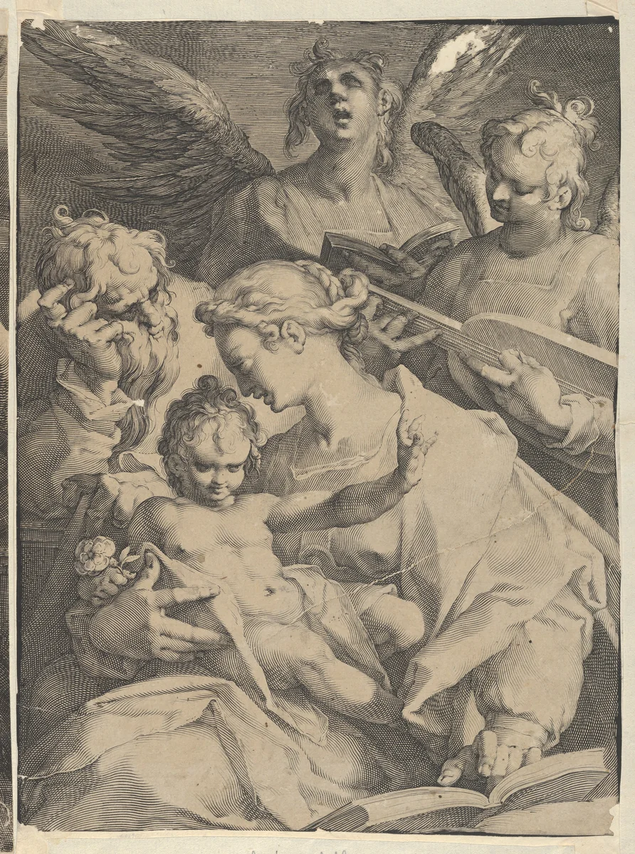 Holy Family and Two Music-Making Angels by Jan Muller, print, 1583-1593