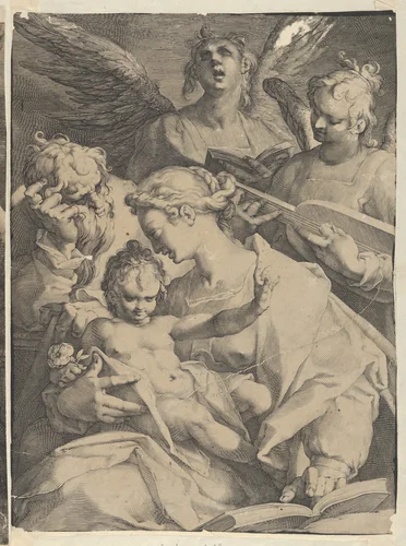 Holy Family and Two Music-Making Angels by Jan Muller, print, 1583-1593