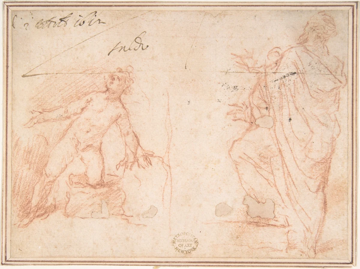 Two Figures: Nude Youth on One Knee, Man Standing with Left Foot Raised by anonymous, drawing, 1600-1700