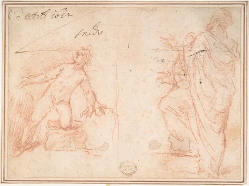 Two Figures: Nude Youth on One Knee, Man Standing with Left Foot Raised by anonymous, drawing, 1600-1700