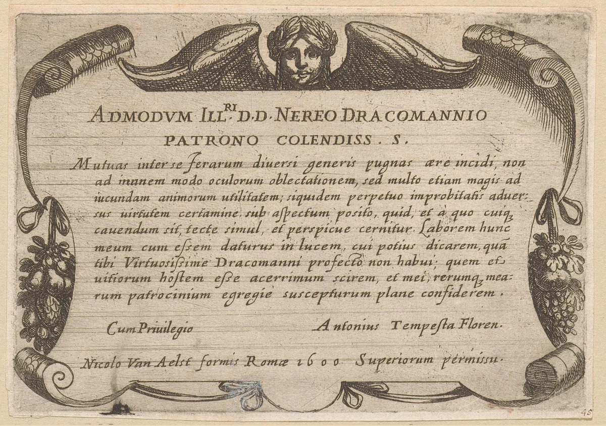 Titelprent met cartouche met opdracht by Antonio Tempesta, print, 1600