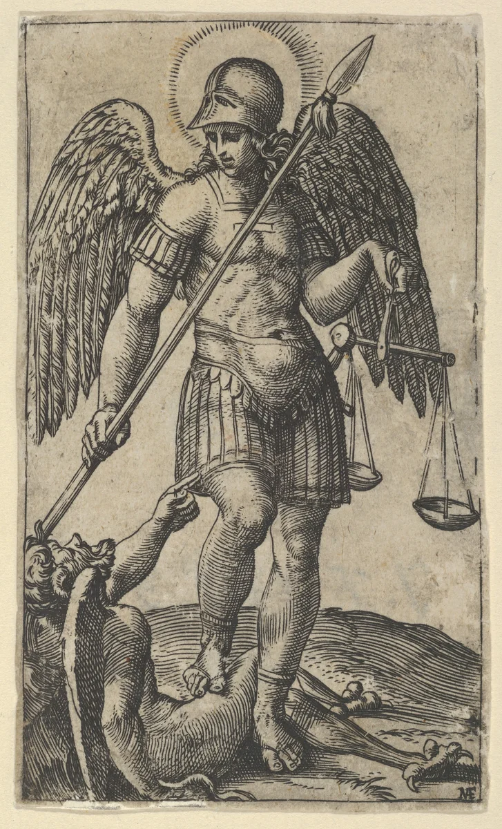 Saint Michael holding scales and a lance, a demon beneath him, from "Piccoli Santi" (Small Saints) by Marcantonio Raimondi, print, 1495-1532