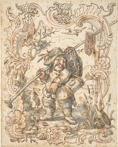Caricatures of a Fish and a Bird Peddler in Ornamental Frames by Johann Esaias Nilson, drawing, 1735-1788