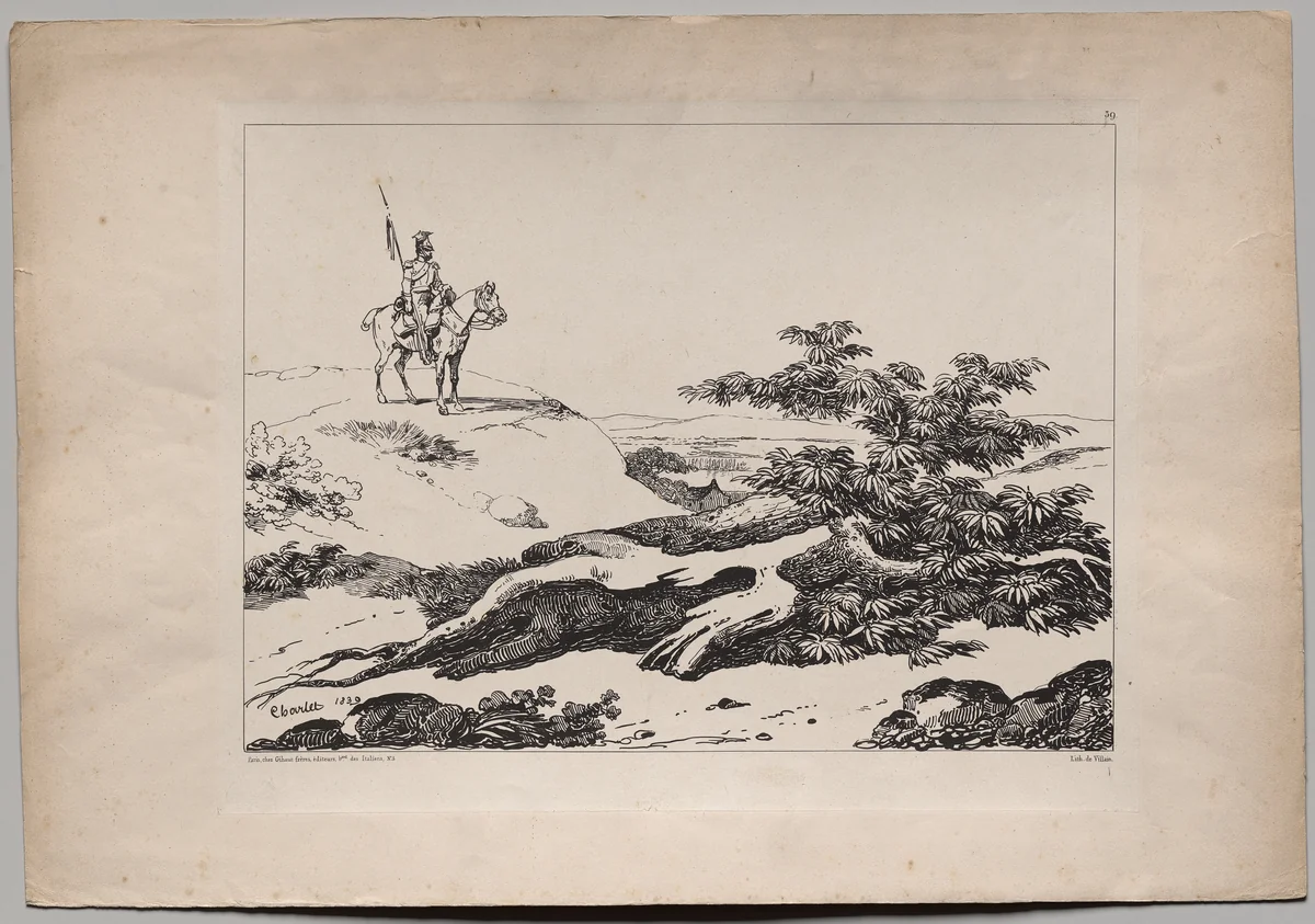 Soldier on Horse in Landscape by Nicolas Toussaint Charlet, print, 1840