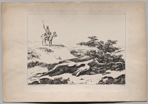 Soldier on Horse in Landscape by Nicolas Toussaint Charlet, print, 1840