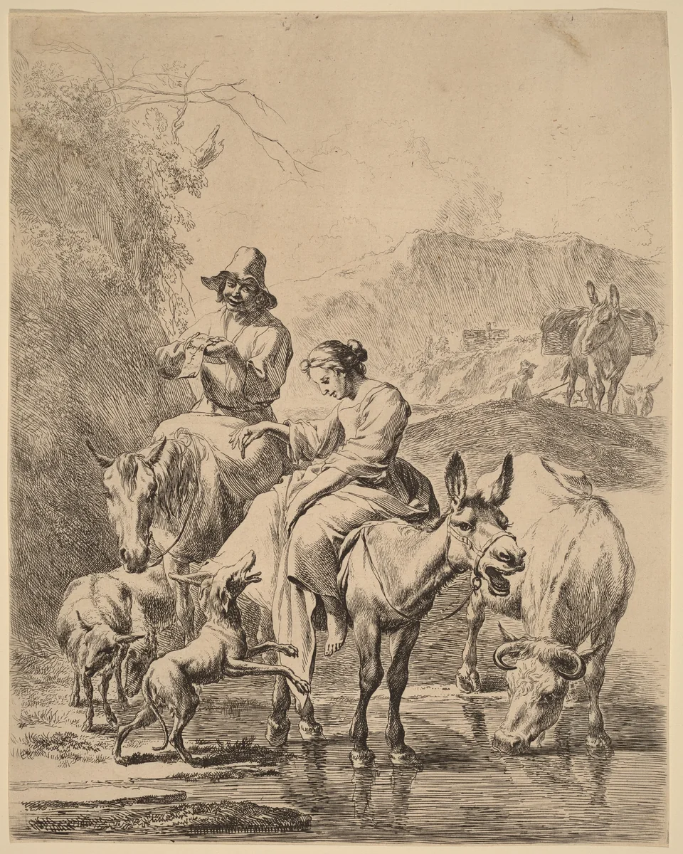 Shepherdess on a Donkey by Nicolaes Pietersz Berchem, print, 1620-1683
