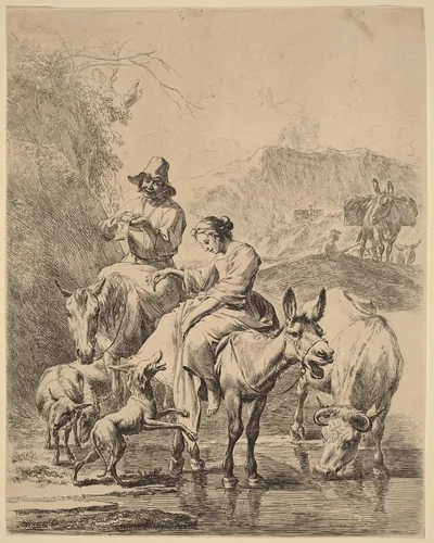 Shepherdess on a Donkey by Nicolaes Pietersz Berchem, print, 1620-1683