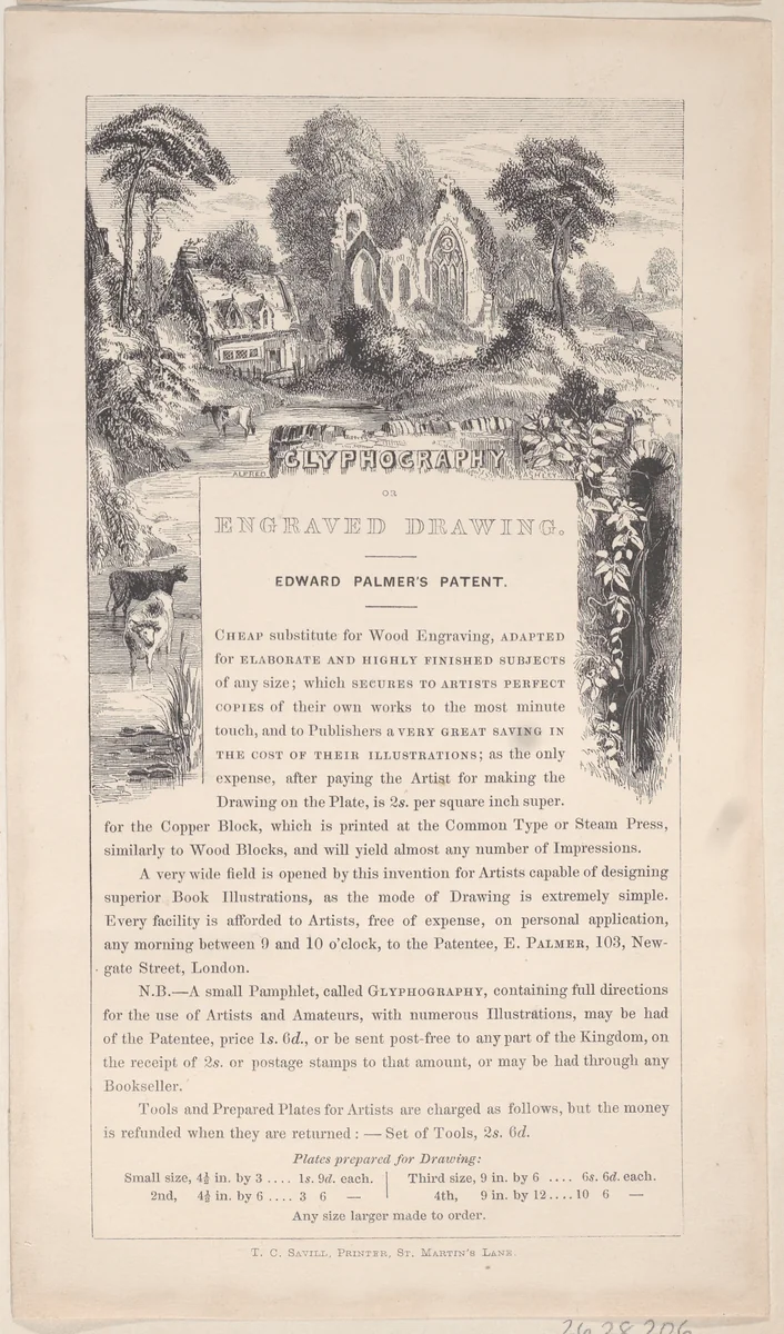 Trade Card for Edward Palmer, Glyphographic Printer and Engraver by Alfred Ashley, print, 1800-1900