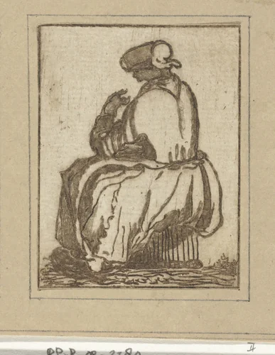 Zittende boerin op de rug gezien by Jacob Hoolaart, print, 1728-1789