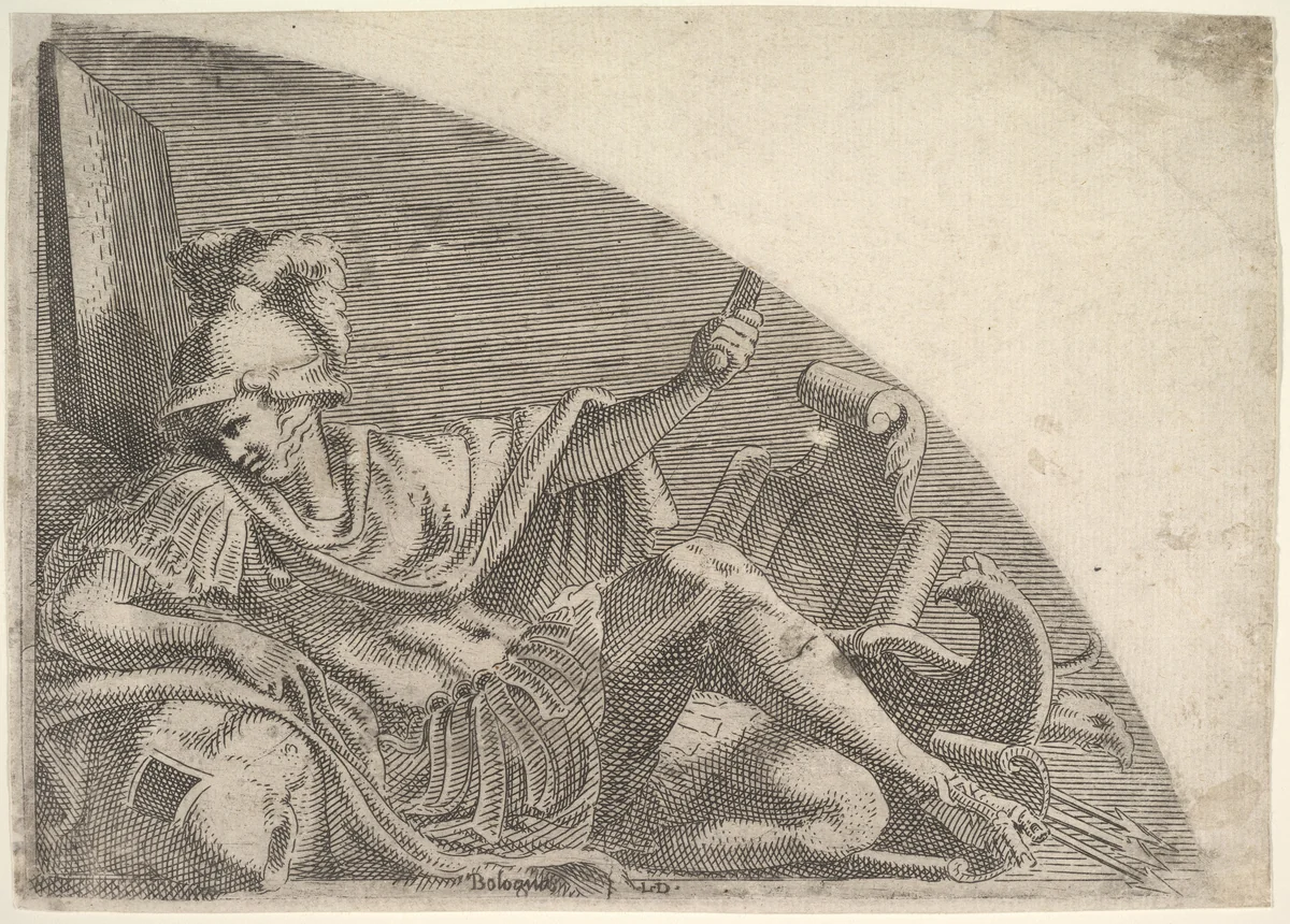 Mars Seated Amid Trophies by Léon Davent, print, 1540-1556